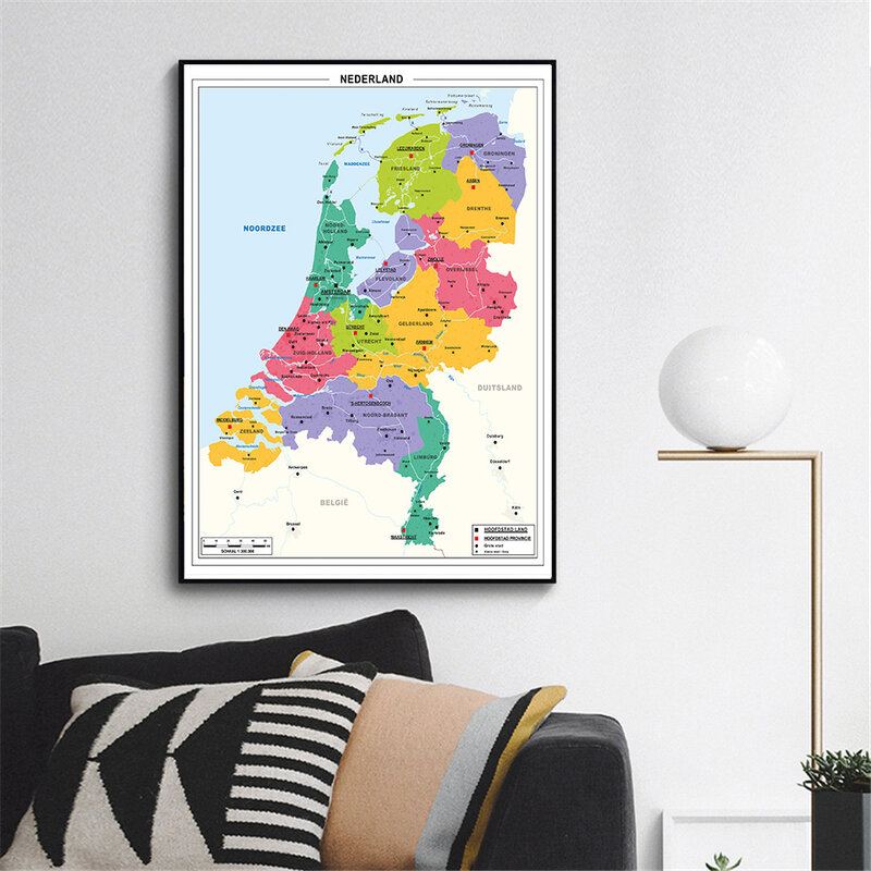 42*59cm The Netherlands s Map In Dutch  Small Size Poster Canvas Painting Wall Art Home Decoration School Supplies Travel Gift