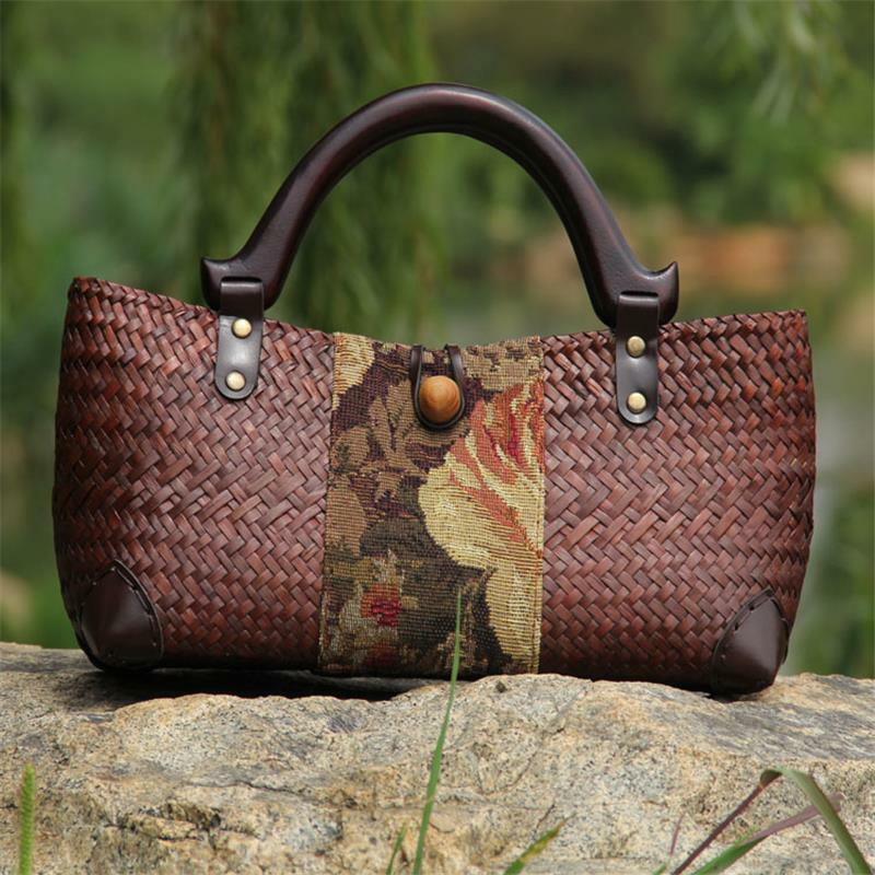 レトロな木製ハンドル付きのオリジナルの中国風ハンドバッグ,手作りの籐製ハンドバッグ,長さ32x12cm,a6103