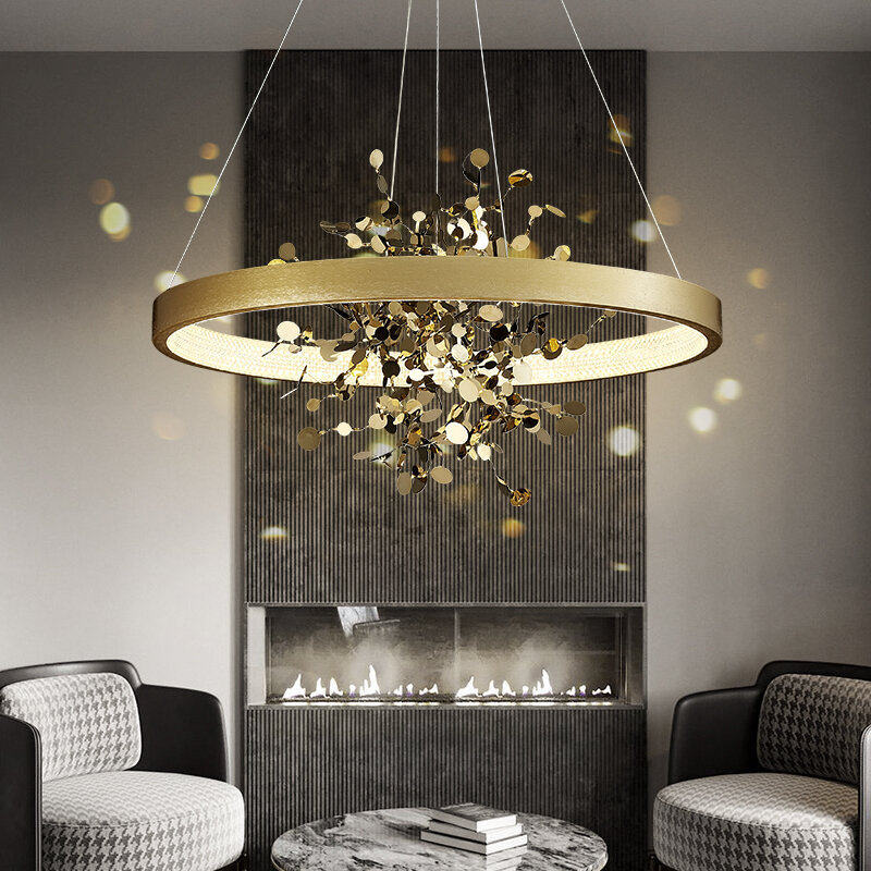 Kobuc moderno ouro aço inoxidável lustre de teto sala jantar cobre anel redondo pingente luzes para o quarto loja pano café