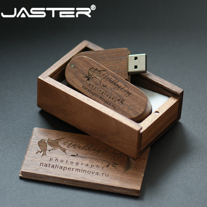 Jaster pendrive de madeira, usb + caixa de presente, memória flash, 8gb, 16g, 32gb, logotipo personalizado para fotografia, presentes de casamento