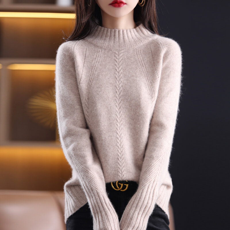 Suéter raglán de Cuello medio alto para mujer, Jersey largo de manga larga, 100% puro, Otoño e Invierno
