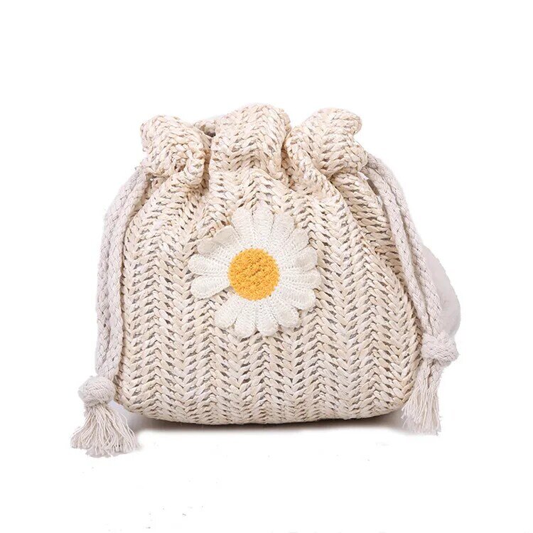 Women Sunflower Embroidery Straw Bucket Bag Wild Style Crossbody with Drawstring Mini Messenger Bag Crossbody Bags