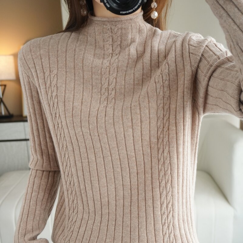 ハーフタートルネックのセーターの女性の秋/冬2021新プルオーバーツイストニットセーター韓国語バージョンゆるいファッションスリムベースシャツ