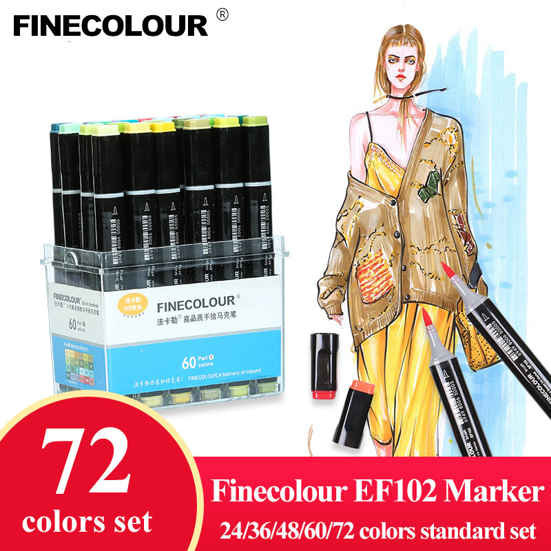 Finecolour ef102 marcadores de arte profissionais, pincel macio, padrão 24/36/48/60/72 cores, cabeça dupla, caneta, marcador à base de álcool óleo