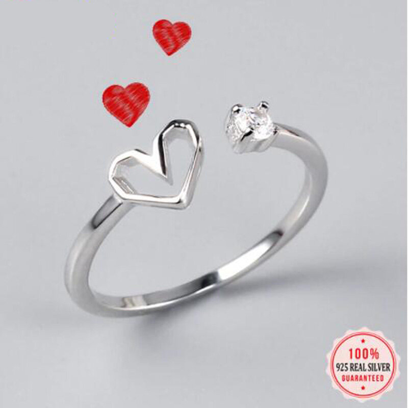 Genuine 925 Sterling Silver Fashion Sweet Romantic Heart Love Opening Ring For Women Wedding Fine S925 Jewelry DB238