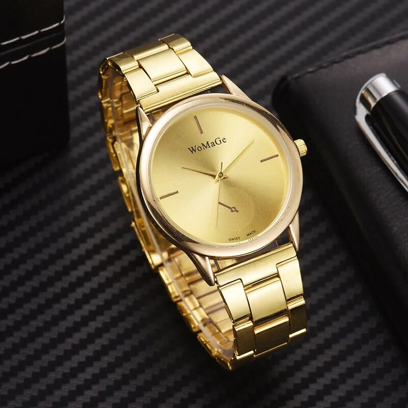 Relógio feminino aço inoxidável, relógio de pulso simples em ouro rosê, luxuoso para mulheres