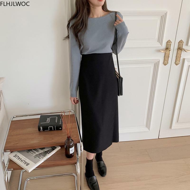 Faldas largas de cintura alta para mujer, ropa coreana, nuevo diseño, color  negro, N778 / Faldas
