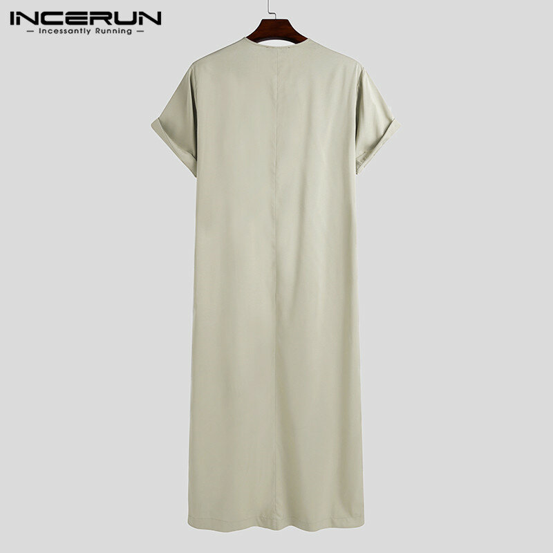 INCERUN-فستان قفطان إسلامي للرجال ، أكمام قصيرة ، ياقة دائرية ، ثوب جوبا غير رسمي ، لون سادة ، المملكة العربية السعودية ، دبي