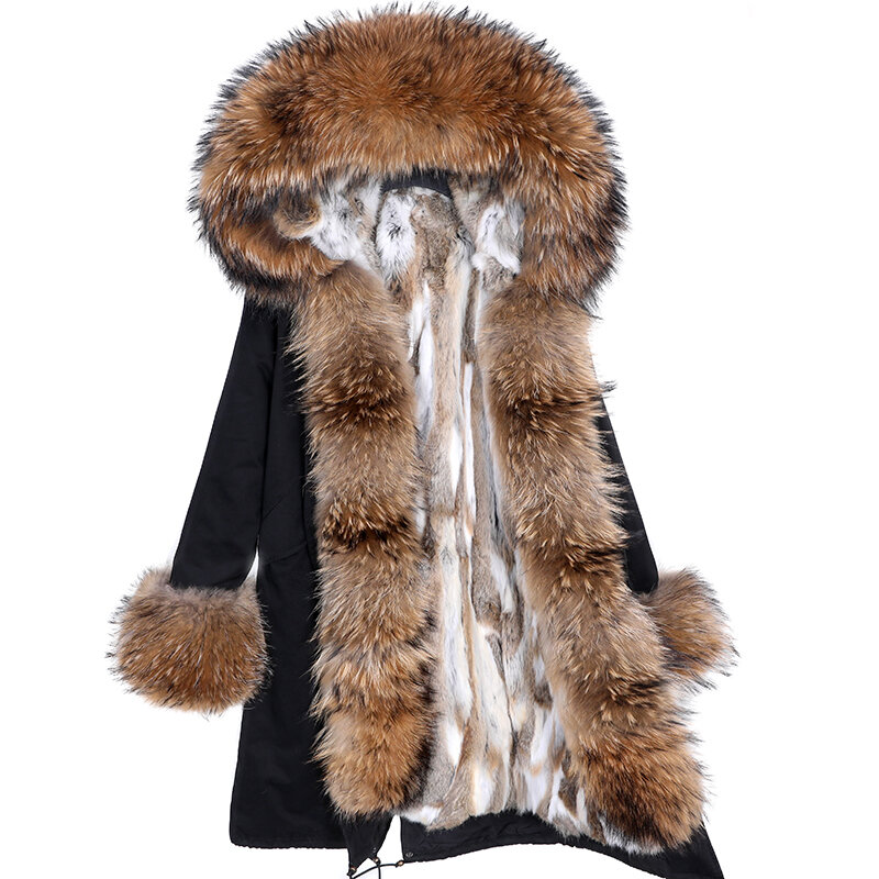 Maomaomao-abrigo de piel de zorro para mujer, parka ajustada por encima de la rodilla con forro de piel de conejo, de talla grande, Invierno