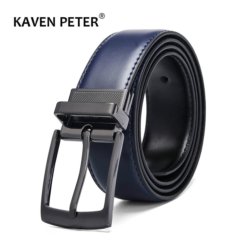 Cinturón Reversible de cuero genuino para hombre, cinturón de negocios para pantalones vaqueros, azul, marrón oscuro, negro, moda de lujo