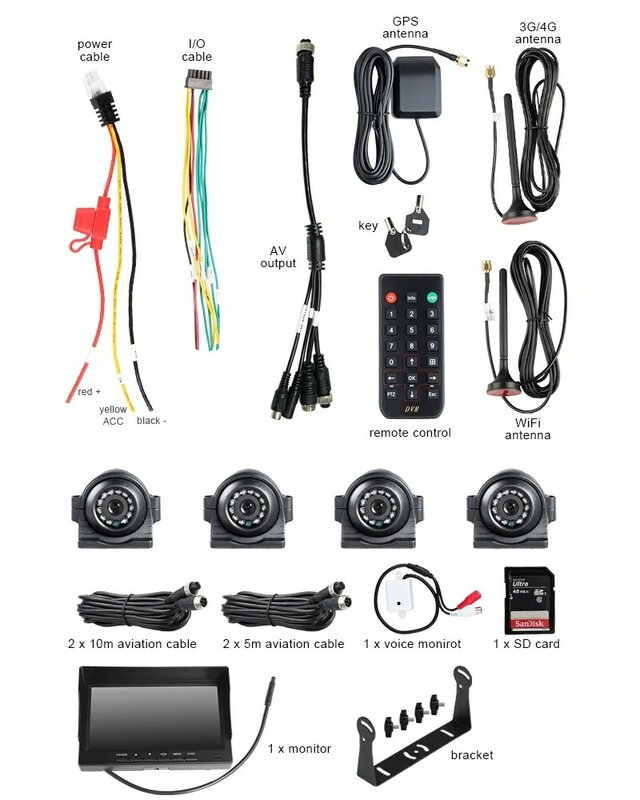4G GPS WIFI 256G SD 4CH Video/Audio Input Car Mobile Dvr+4PCS Front/Side Metal Waterproof Camera+7Inch Car Monitor Mdvr Kits