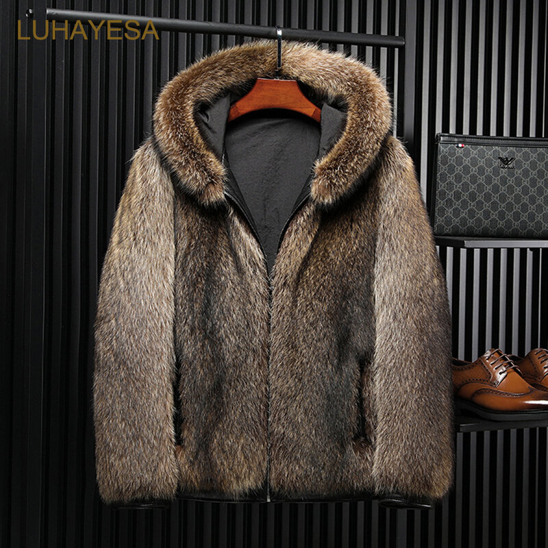 LUHAYESA-abrigo de piel de mapache para hombre, chaqueta de piel auténtica de color marrón, ropa esponjosa 2021 auténtica, 100%