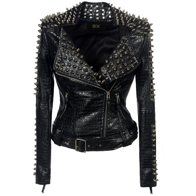 Nowa jesienna damska Pu Faux Leather nitowana kurtka Zipper Belt krótki płaszcz kobieta haftowany wzór czarny Punk Bomber wąska bluza