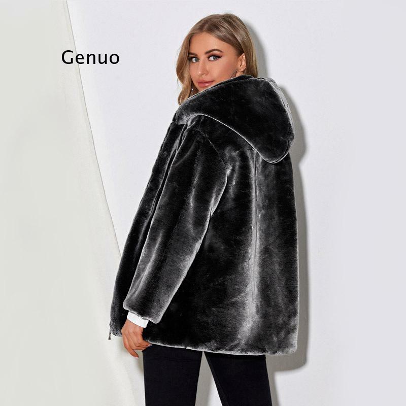 Inverno grosso quente senhoras casaco de pele do falso com capuz preto macio e confortável avançado falso pele feminina manga longa elegante luxo