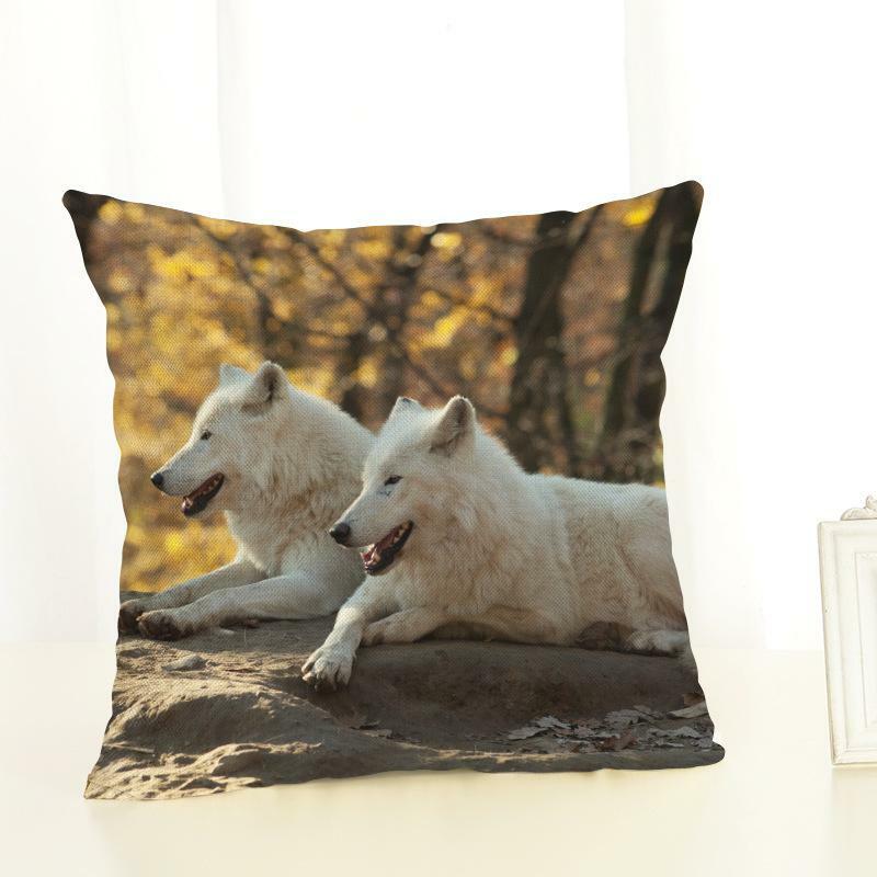Funda de cojín de lino y algodón con estampado de Lobo, funda de almohada decorativa para el hogar, sofá, Coche
