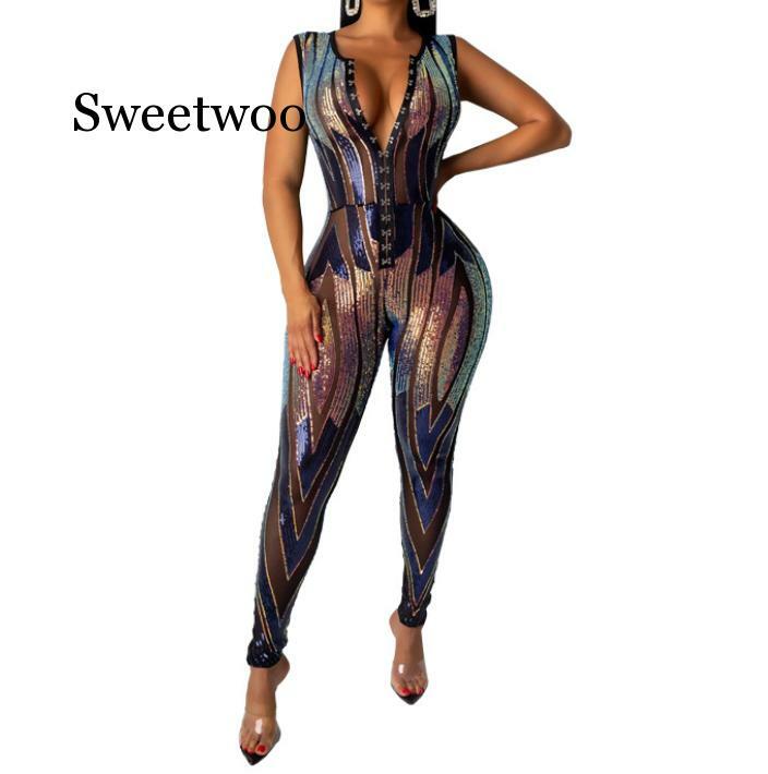 Sexy Bodysuit Plus Size Positioning Sequin Jumpsuit Elastic V Neck Rompers  Jumpsuits for Women 2020 Women Streetwear Overalls