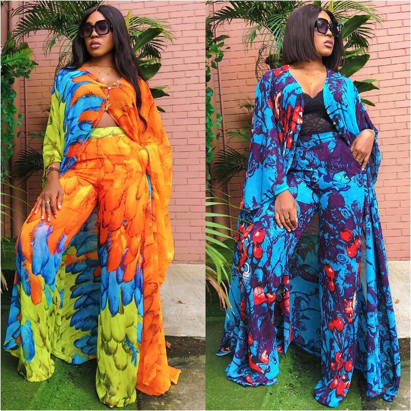 Afrikanische Kleidung für Frauen Zwei Stück Hosen Sets Maxi Kleid Anzüge Party Kleider 2021 Sommer Dashiki Leopard Print Chiffon Outfits