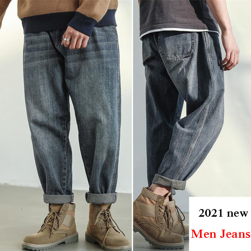 Hợp Thời Trang Rời Quần Jean Nam 2021 Phong Cách Đường Phố Xanh Denim Quần Ống Rộng Thẳng Jeans Nam Thời Trang Quần Pantalons Đổ Hommes