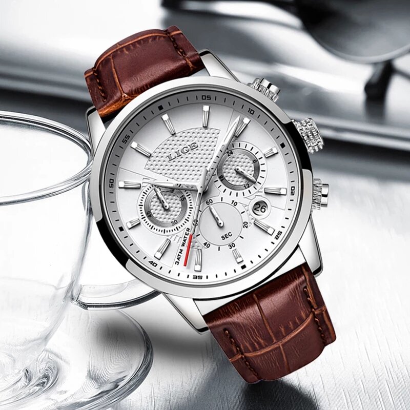 2023 nowe męskie zegarki LIGE Top marka skórzany chronograf wodoodporny Sport automatyczny zegarek Quartz z datą dla mężczyzn Relogio Masculino