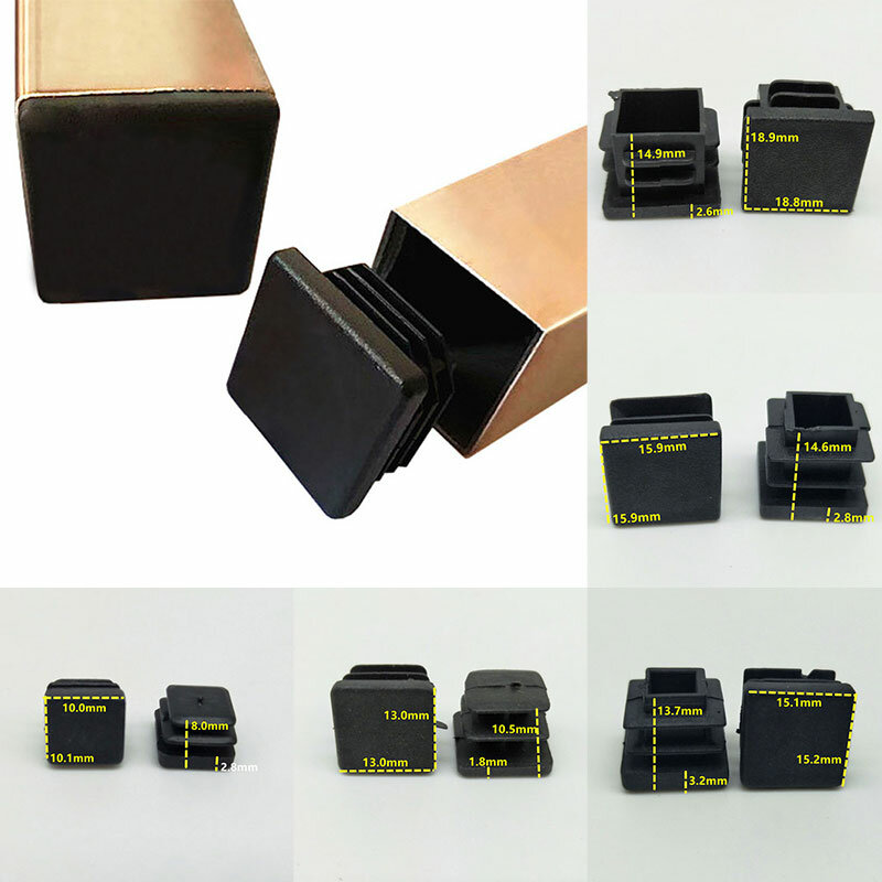 Tapón Cuadrado de plástico negro, tapón de inserción de tubo, 10/15/20/25/30/35/40/50mm, 10 piezas