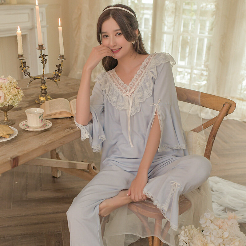 Pijamas com decote em v conjunto 2 peças de algodão camisa & calças lounge wear manga alargamento pijamas rendas casa roupas