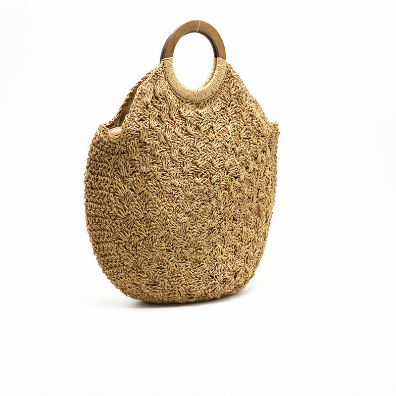 Sac tissé à poignée en bois pour femmes, sacs initiés par la paille, sac à main rond de voyage de plage de grande capacité, sac à bandoulière, nouveau, 2024