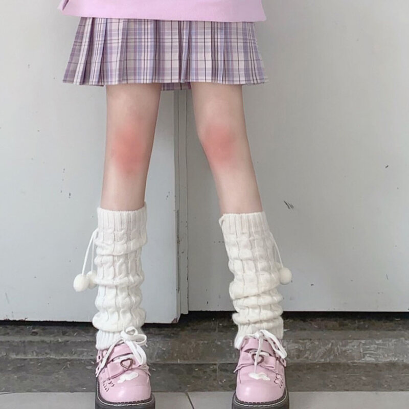 Aquecedor de perna para meninas lolita japonesas meias de lã com bola de malha, cobertura para os pés para outono e inverno