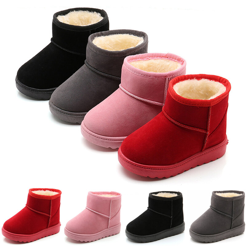Kids Fur Lined Boots Snow Boots Baby Girls Suede Ankle Boots Rubber Soft Sole Fur Snow Booties Slip-On Warm Round Toe Winter Q30