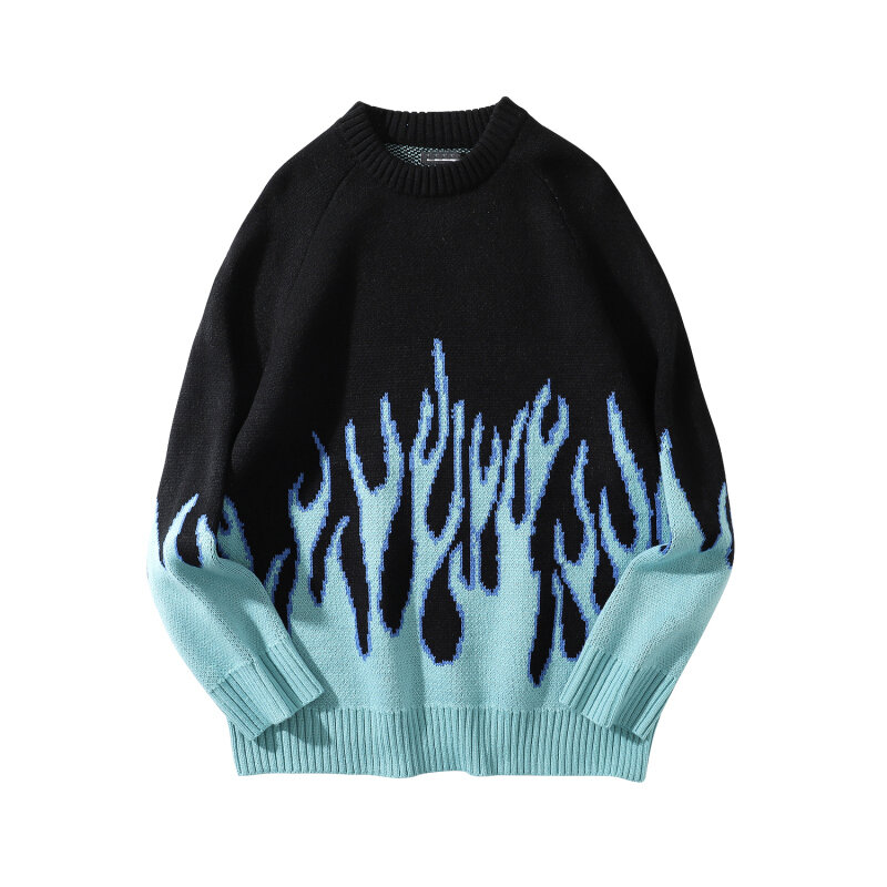 스웨터 남성 Streetwear 레트로 불꽃 패턴 힙합 스웨터 스판덱스 o-넥 특대 커플 캐주얼 남성 의류 가을 새로운