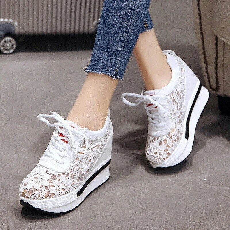 Platformowe trampki damskie buty trampki kliny platformowe buty siatkowe oddychające jesienne białe trampki damskie zapatillas mujer