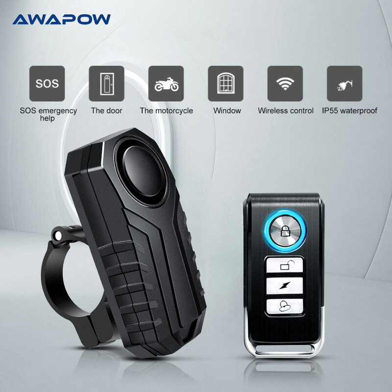 Awapow anti roubo alarme de bicicleta 113db vibração controle remoto à prova d113água alarme com clipe fixo sistema segurança da motocicleta