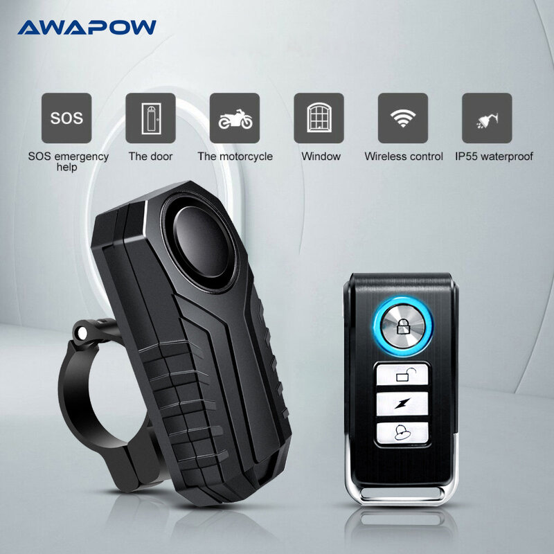 Awapow Anti Theft จักรยานปลุก113dB การสั่นสะเทือนรีโมทคอนโทรลกันน้ำคงที่คลิปรถจักรยานยนต์จักรยานระบบความปลอดภัย