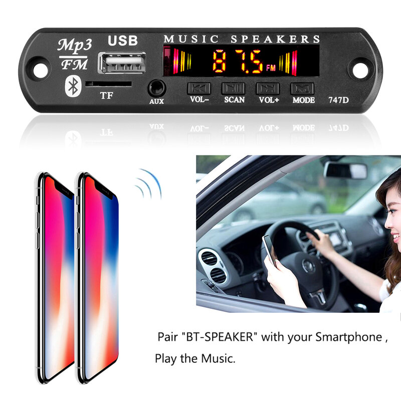 Placa decodificadora de carro sem fio com controle remoto, tela colorida, MP3 Player, WMA, áudio, USB, TF, rádio FM, Bluetooth 5.0, 9V-12V