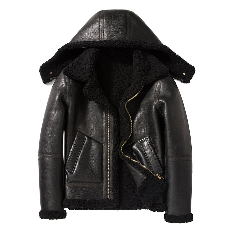 LUHAYESA-abrigo de piel auténtica con capucha para hombre, chaqueta gruesa y cálida de piel de oveja Natural, color marrón, para invierno