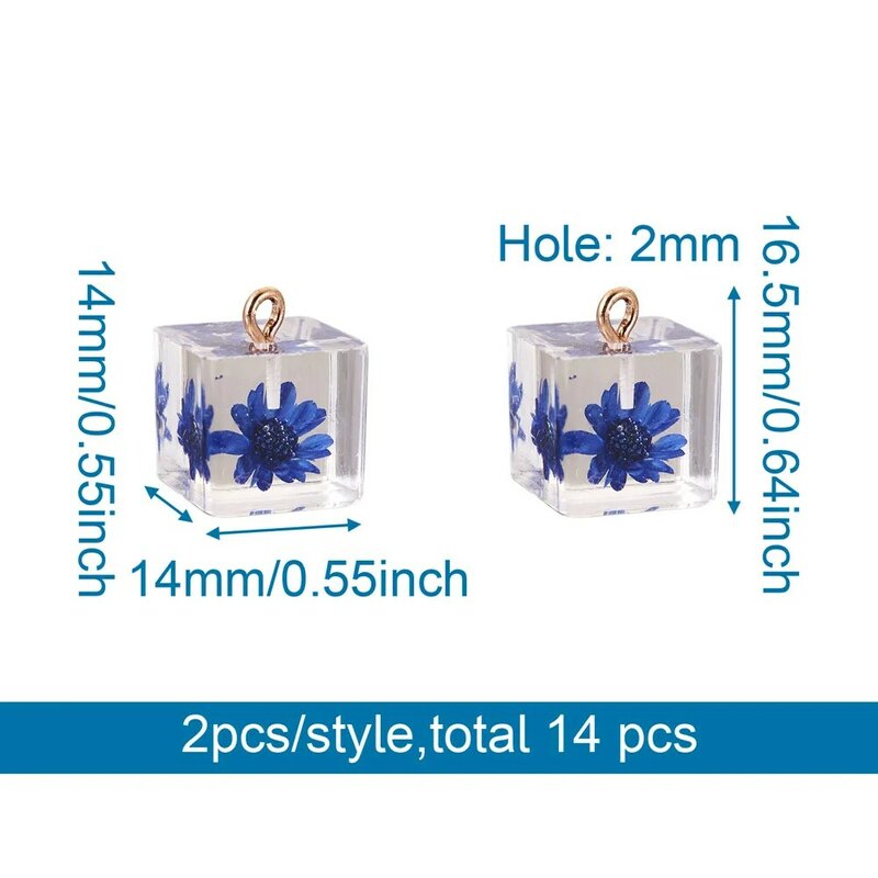 14Pcs Mix Colors Resin Transparent Cube Pendant Inside Dried Flowers Square Charm For Women Necklace DIY Craft Jewelry Making