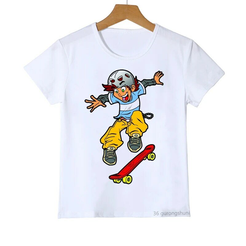 Забавная футболка для мальчиков, Детская футболка с принтом для скейтбординга, летняя Модная белая футболка с коротким рукавом, топы для ма...