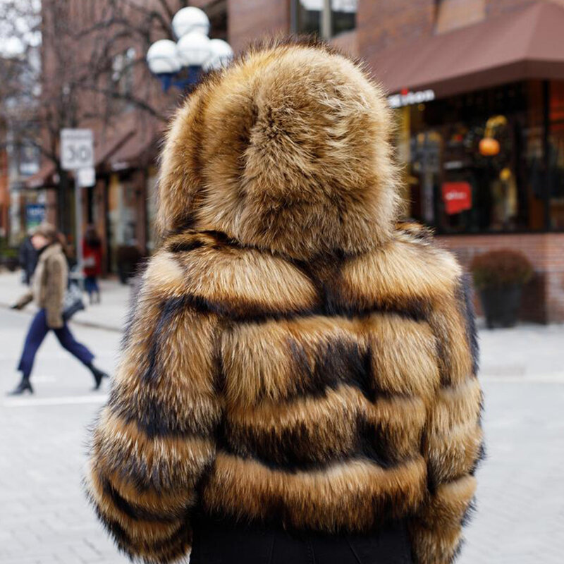 Moda casaco de pele com capuz casaco de pele real casaco de pele de raposa inverno curto grosso casaco de pele de guaxinim feminino casaco de pele natural
