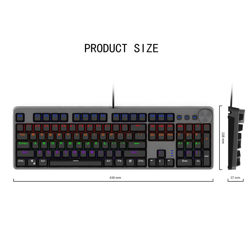 Wired Gaming Mechanical Keyboard with 104 Keys, Mixed Backlight, Black and Gray With Multi-Function Knobs French/US Layout/ES-RS