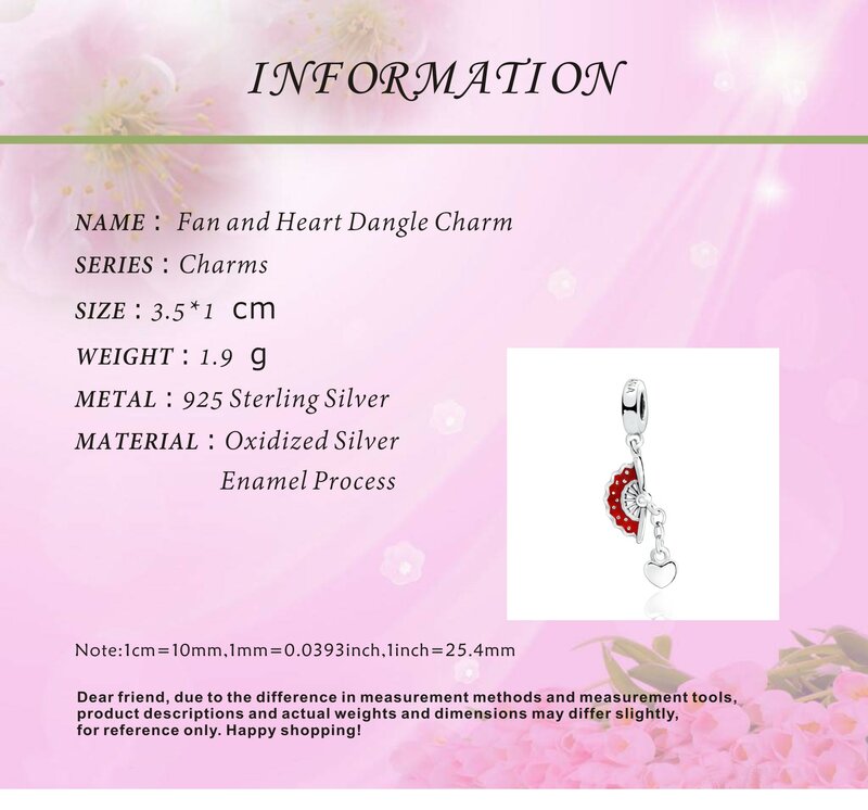 Fashion Jewelry 925 Sterling Silver Beads  Fit Original Pandora Bracelets Fan and Heart Dangle Charm DIY Women Gift