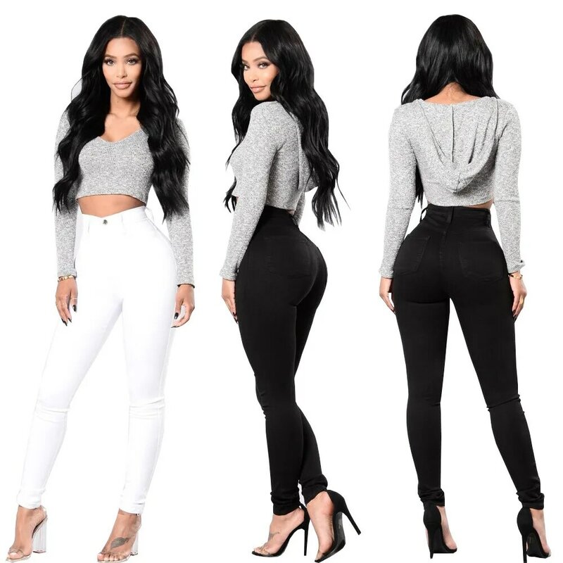 2022 wiosenne letnie spodnie czarno-białe wysokiej talii dżinsy dla kobiet dorywczo obcisłe wysokie elastyczne spodnie jeansowe ołówkowe S-2XL