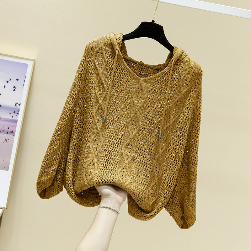 Sweater bertudung gaya asing wanita, baju tabir surya Korea longgar lengan Tengah