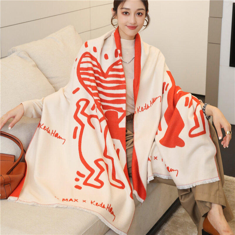 2022 design dos desenhos animados impresso lenço de caxemira feminino inverno pashmina xales e envoltórios grosso quente bufanda stoles cobertor
