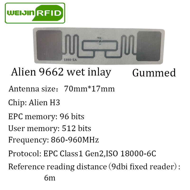 UHF RFID tag sticker Alien 9662 wet inlay 915 900 mhz 868mhz 860-960MHZ Higgs3 EPCC1G2 6C smart adesivo RFID passivo tag etichetta