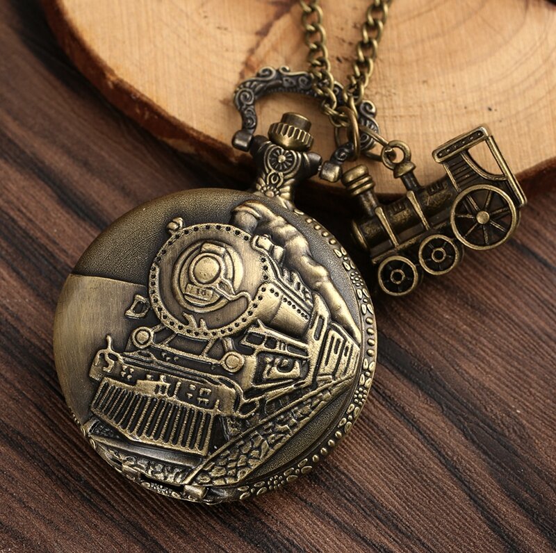 Bronze Train Locomotive Engine Quartz Pocket Watch Retro Necklace Pendant Chain Best Gifts for Men Women with Train Accessory