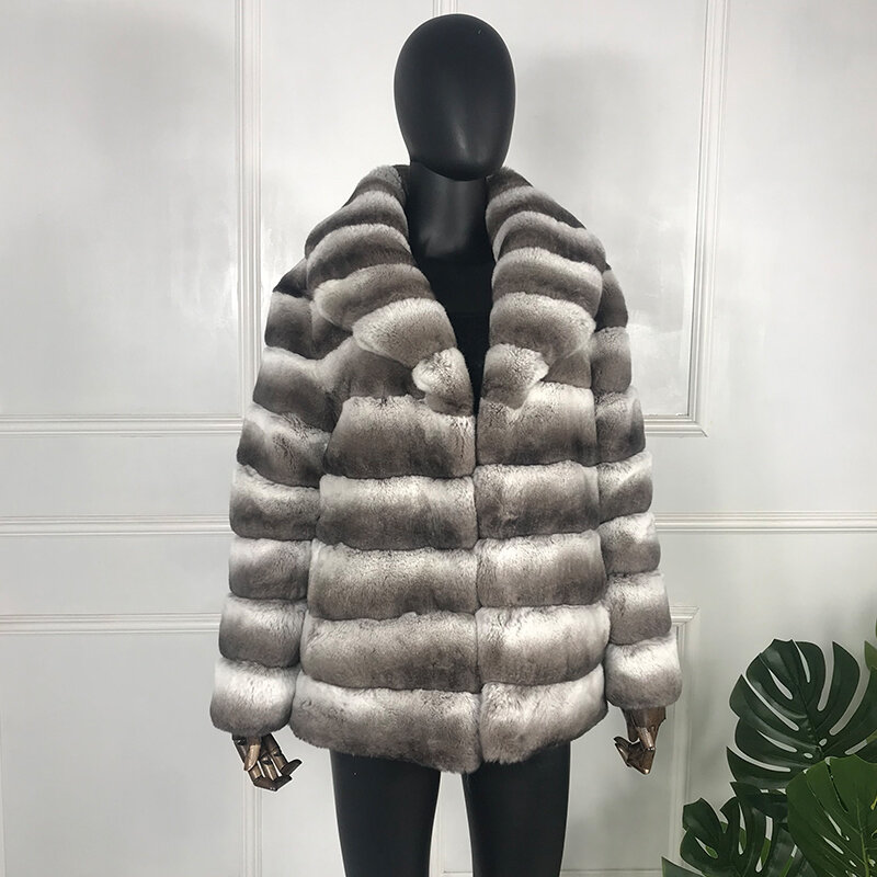 Real Fur Coat Women Natural Rex Rabbit Fur Jacket Chinchilla Color Overcoat Customize Plus-Size
