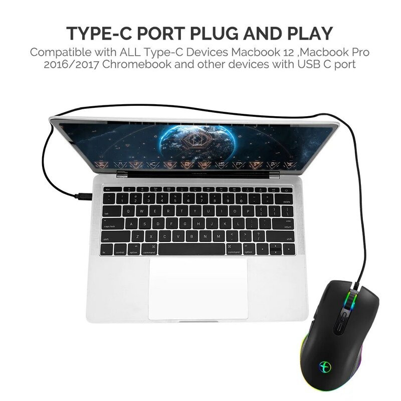 Ratón de bus serial Universal, 4 modos de retroiluminación, tipo C y dispositivo de puerto USB, ratón de juego con cable, ratón de diseño ergonómico, negro
