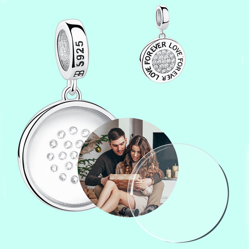 Wieczna miłość 925 srebro Dangle Charms niestandardowe zdjęcie okrągły kształt koraliki Fit oryginalne bransoletki naszyjniki DIY biżuteria prezent