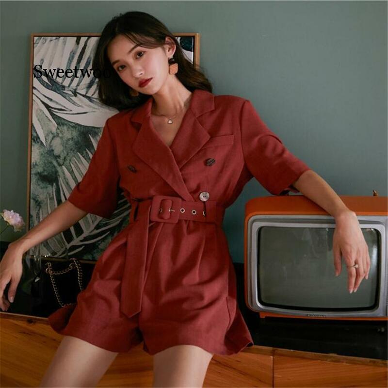 New brick red suit collar double-breasted high-waisted jumpsuit, loose summer shorts jumpsuit