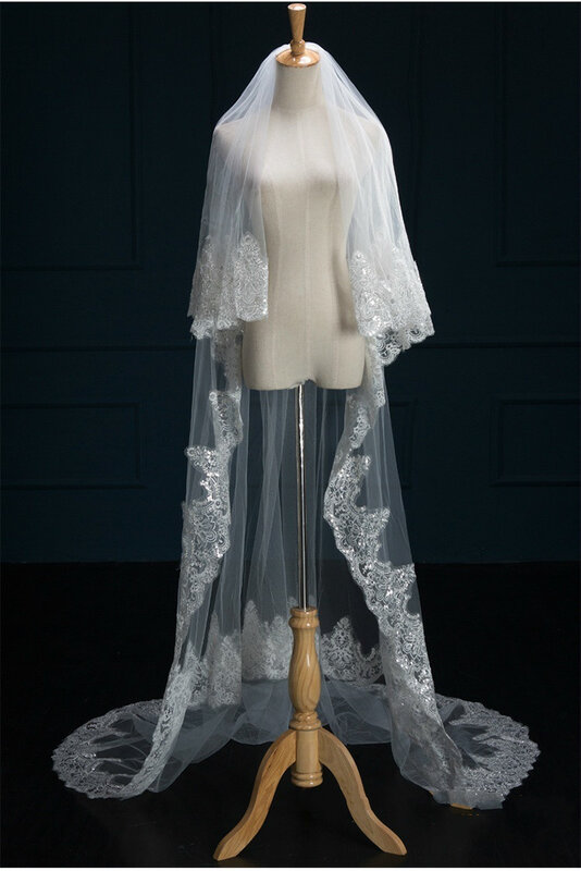 Voile de mariée avec peigne, blanc/ivoire, 3M, dentelle perlée, longueur de la chapelle, Photos réelles