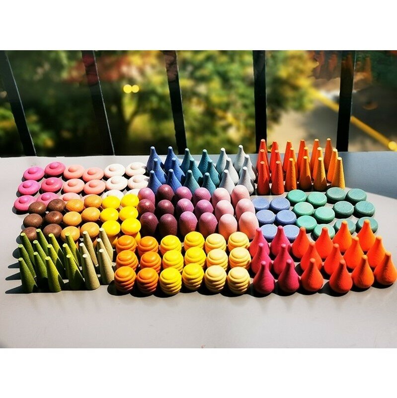 6 sztuk dzieci drewniane Rainbow Mandala luźne części zabawki grzyby kropelki plastra miodu stożki Mini monety klocki